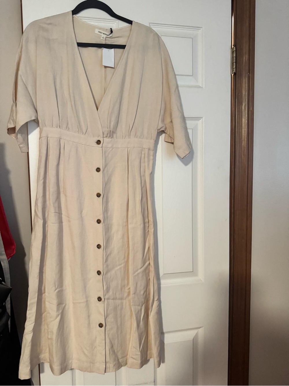 Neutral Cream Button-Front V-Neck Dress
